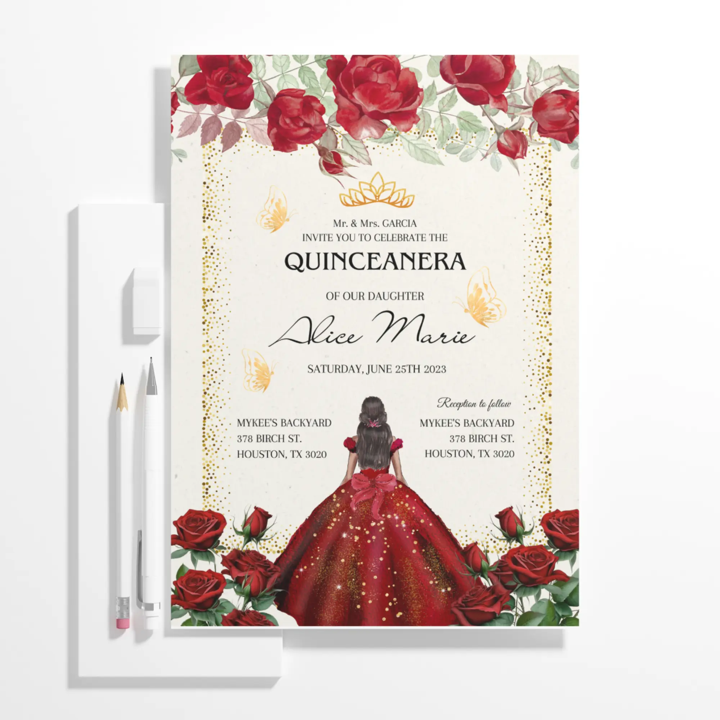 Red Floral Gold Butterflies Princess Quinceañera Invitation Template - CreativeRino