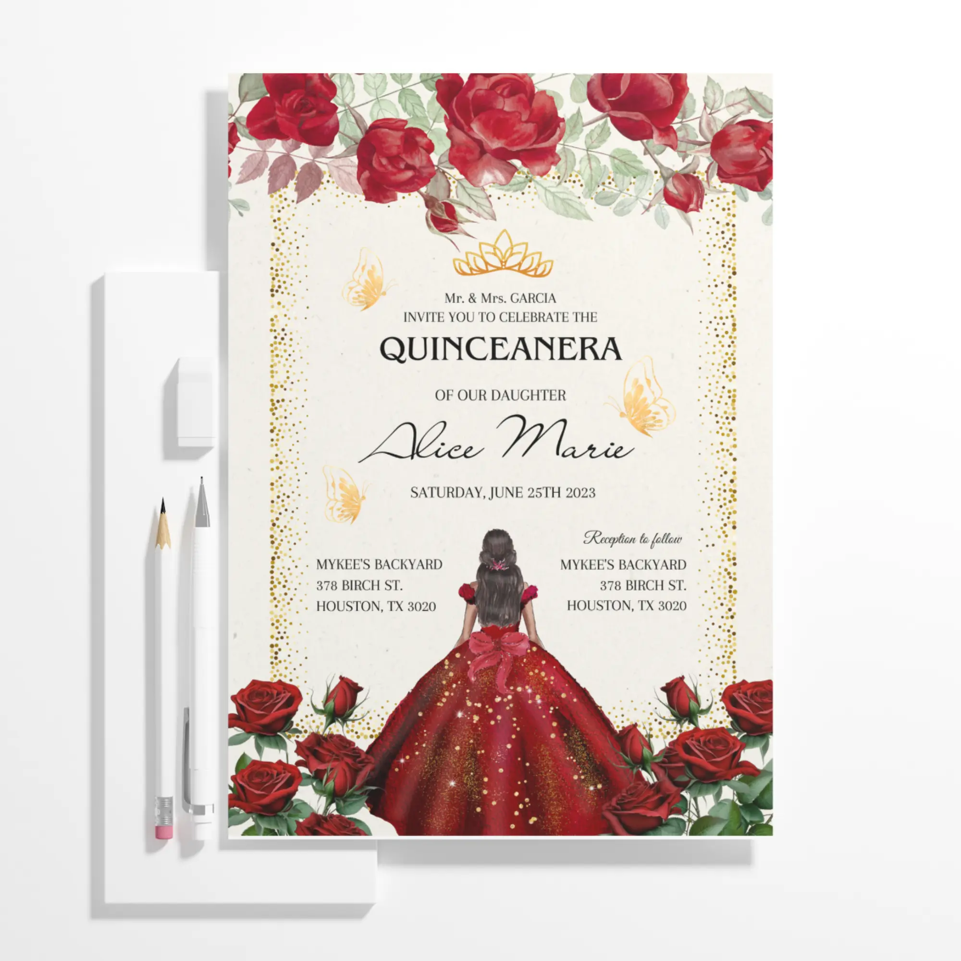 Red Floral Gold Butterflies Princess Quinceañera Invitation Template - CreativeRino