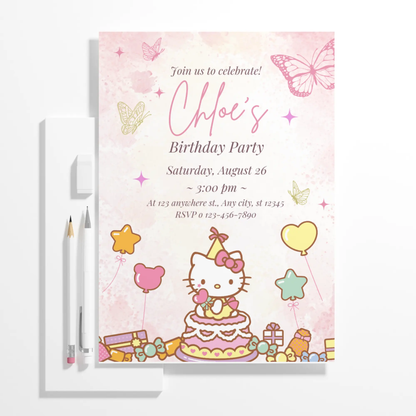 Kawaii Kitty Birthday Invitation Template - CreativeRino