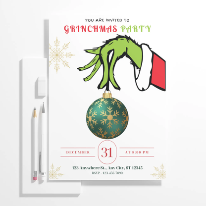 Grinchmas Christmas Party Invitation Template | Grinch Invite - CreativeRino