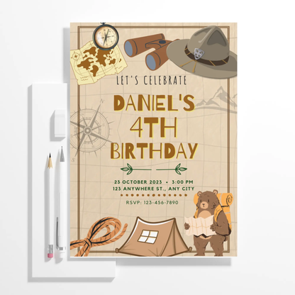 Explorer Adventure Birthday Invitation Template | Treasure Hunt Invite - CreativeRino