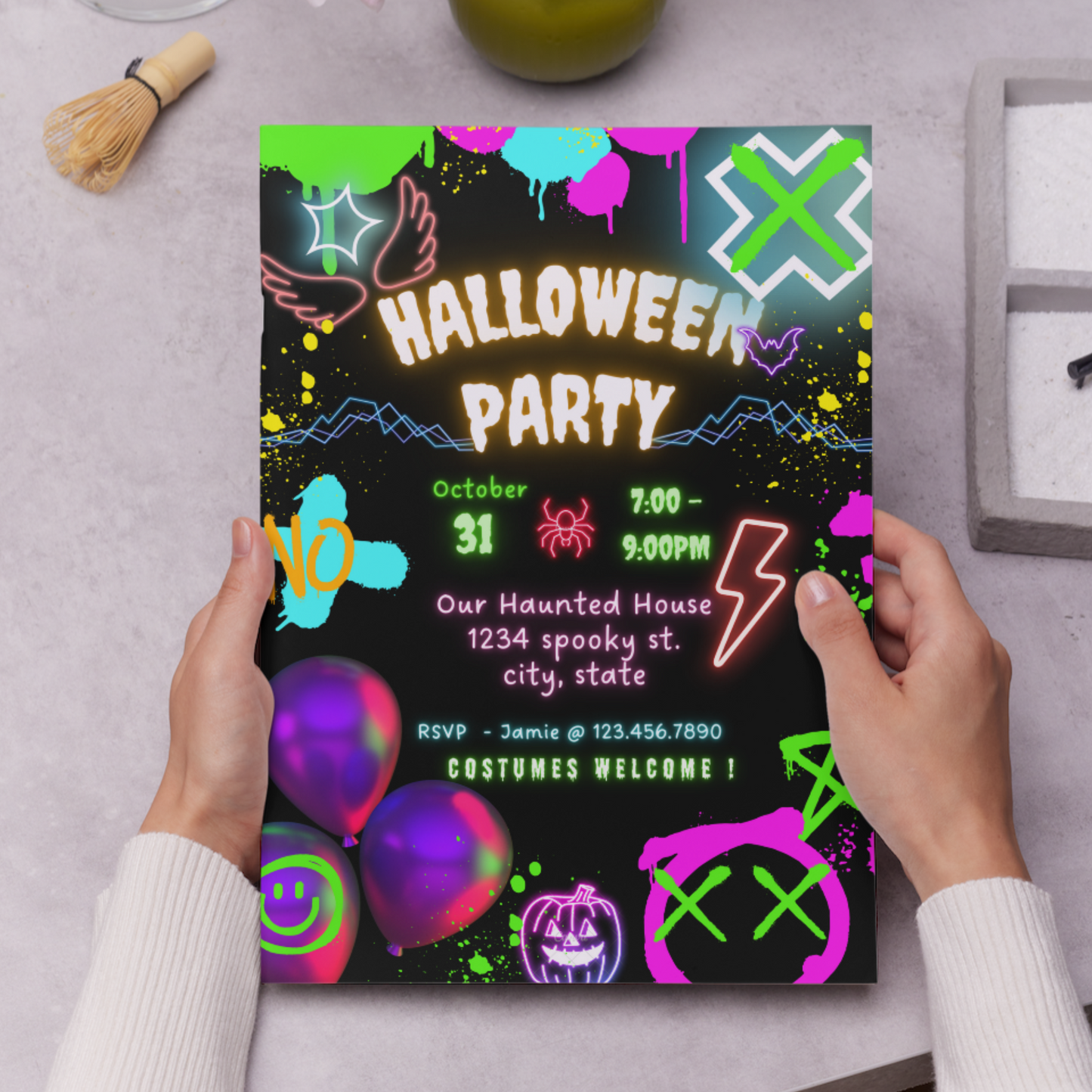 Neon Spooky Halloween Party Invitation Template