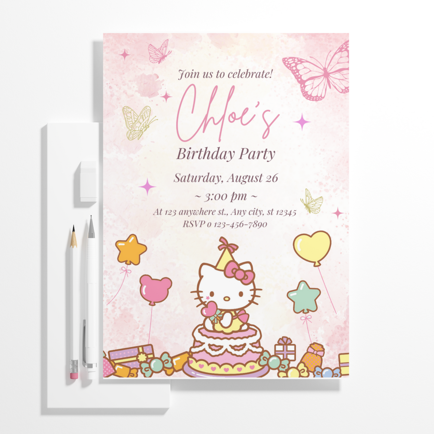 Kawaii Kitty Birthday Invitation Template