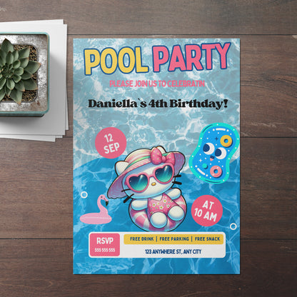 Kawaii Kitty Pool Birthday Party Invitation Template - CreativeRino