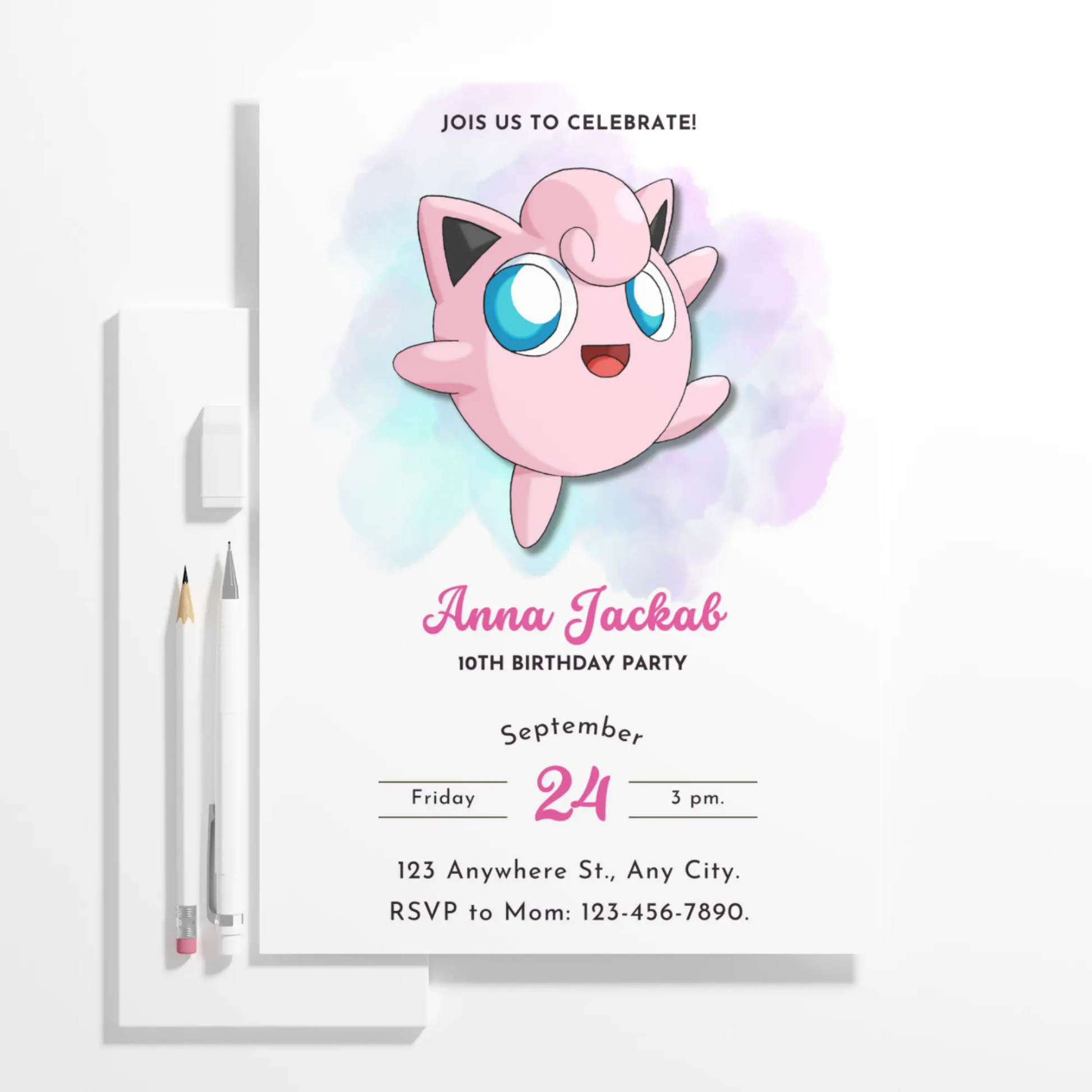 Jigglypuff Pokemon Birthday Invitation Template - CreativeRino