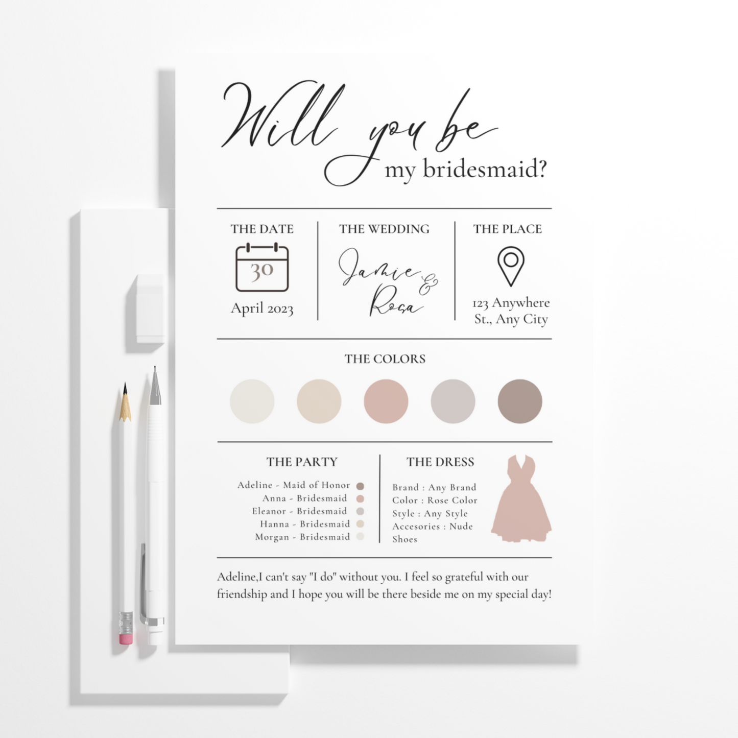 Bridesmaid Information Card Template | Bridal Proposal Car