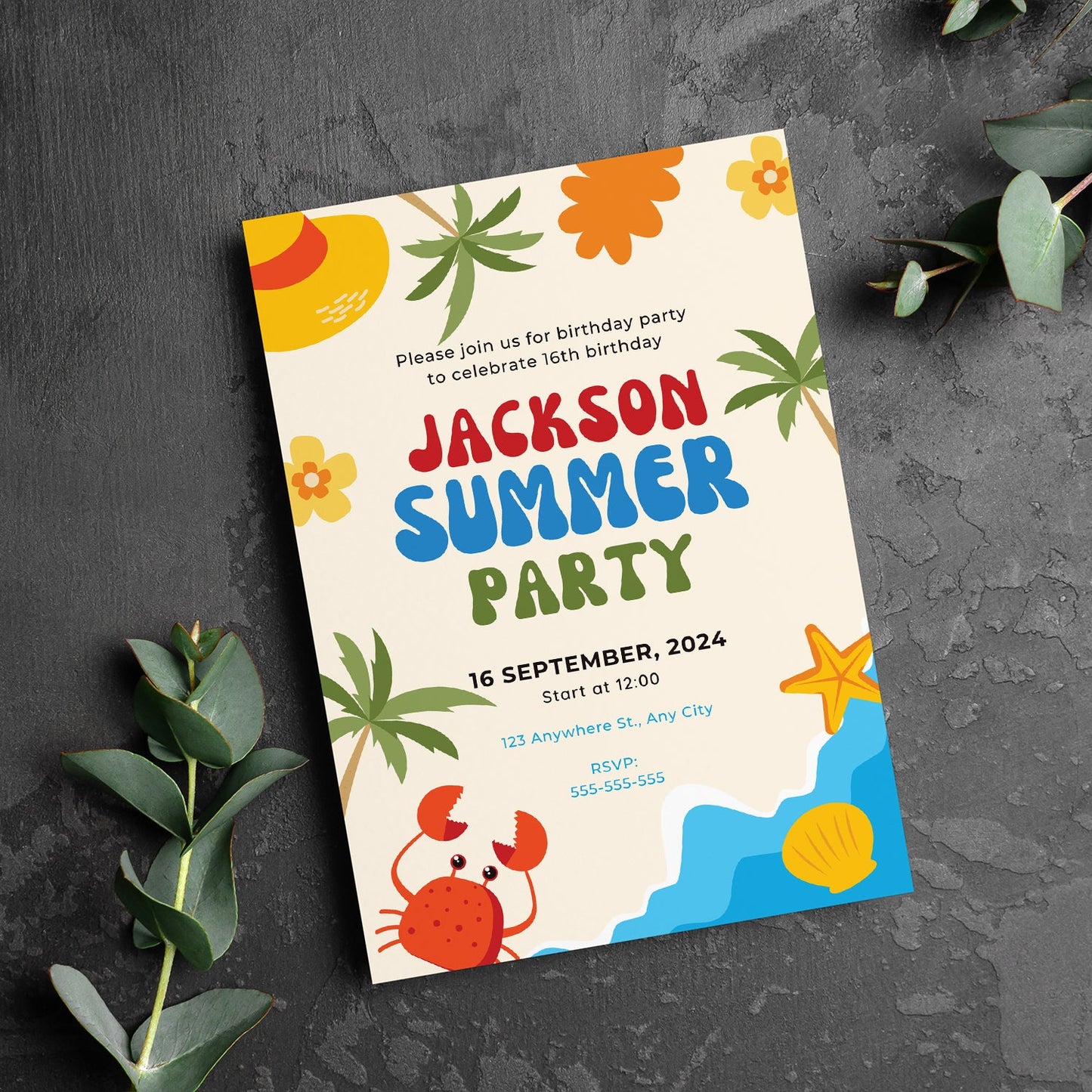 Summer Birthday Party Invitation | Summer Party Theme Invite Canva Template CreativeRino