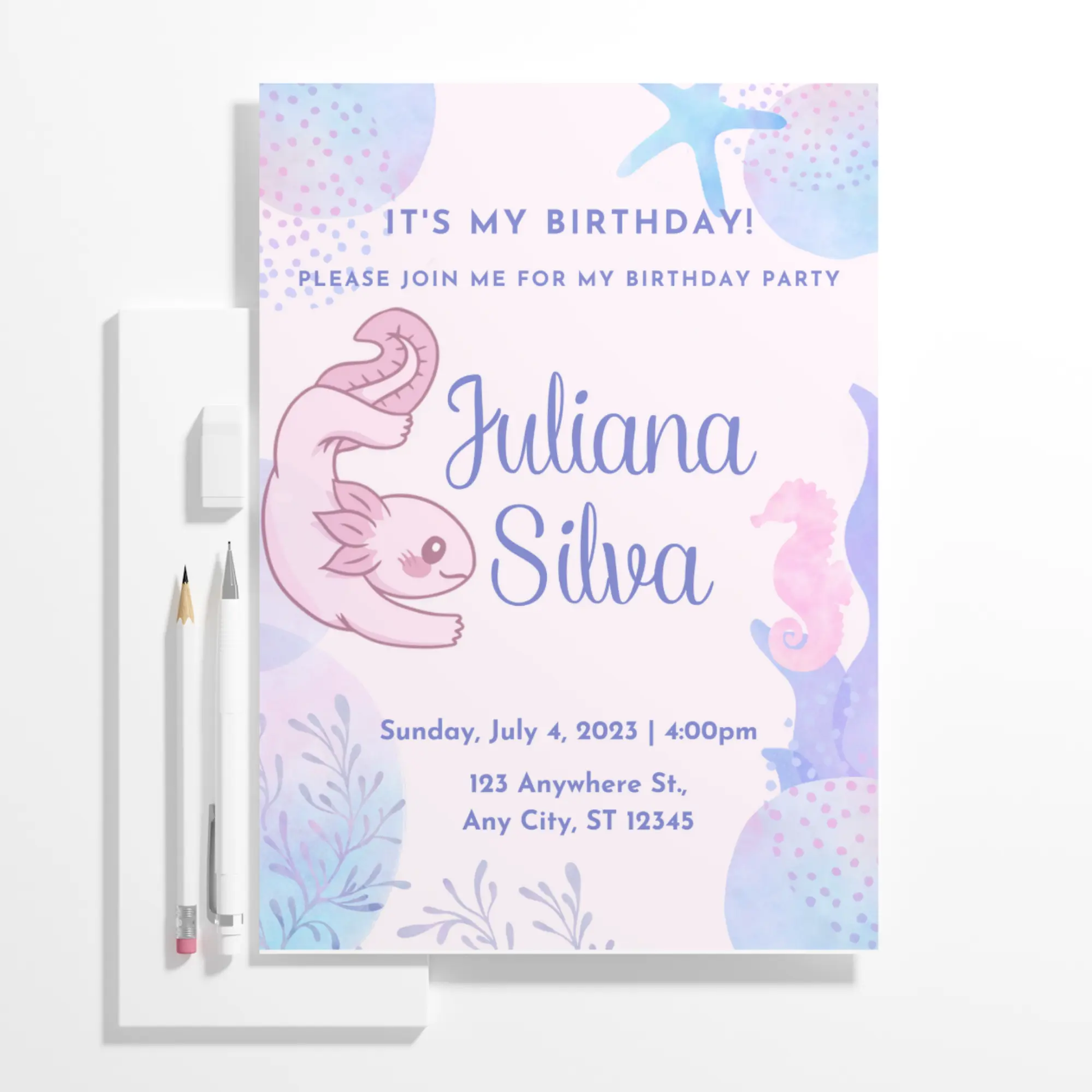 Axolotl Birthday Invitation Template - CreativeRino