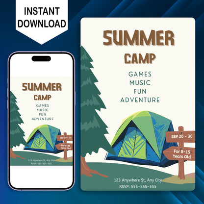Camping Invite | Summer Camp Bachelorette Invitation Canva Template CreativeRino