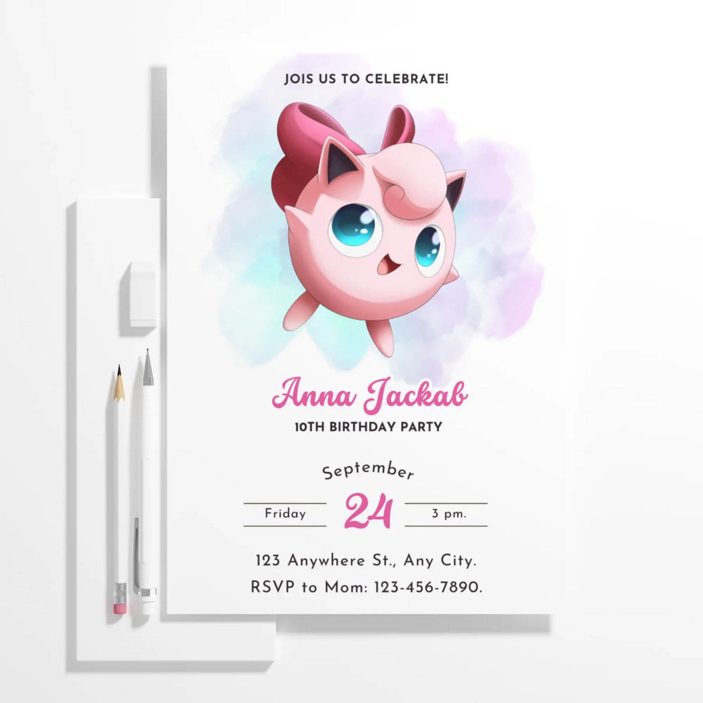 Jigglypuff Pokemon Birthday Invitation Template - CreativeRino