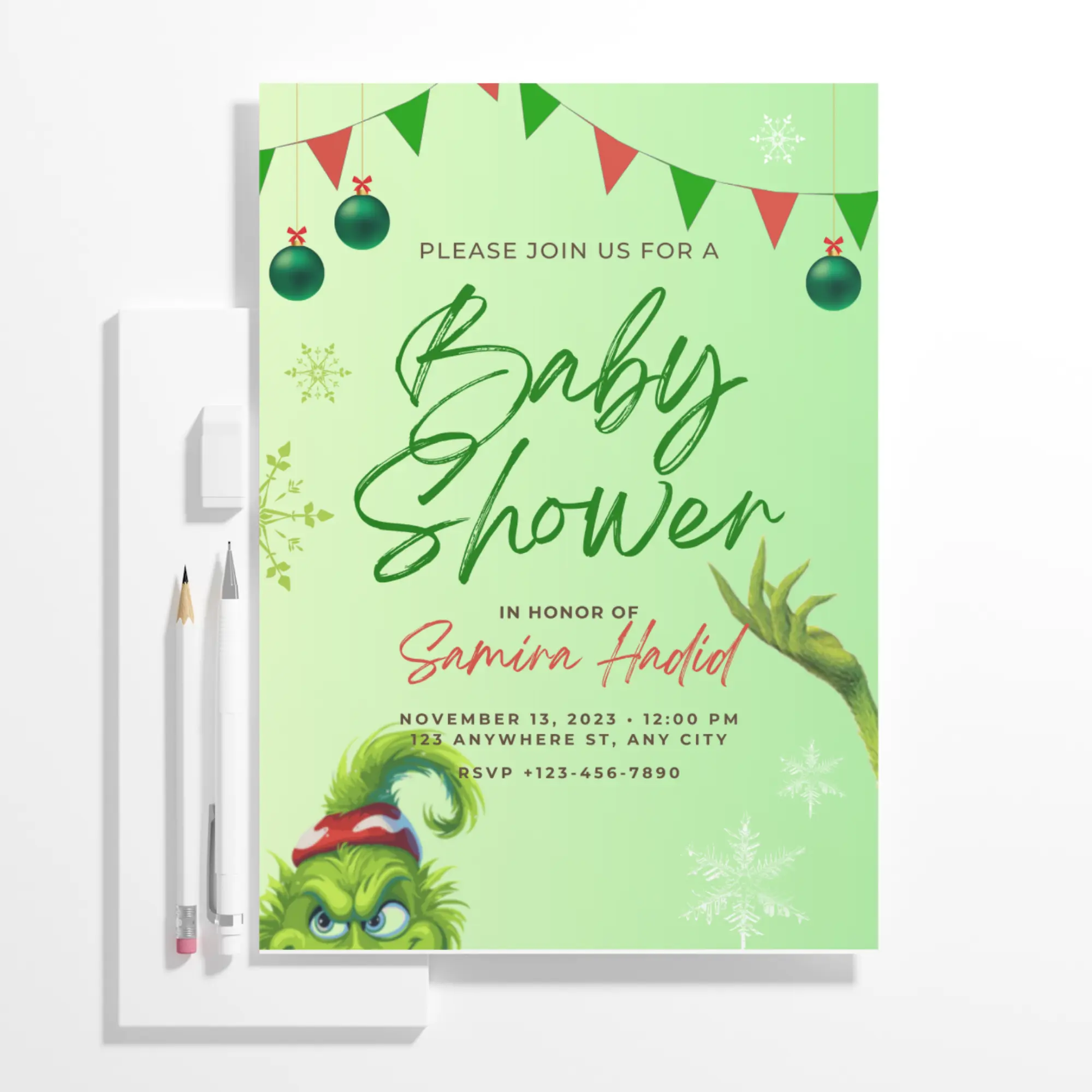 Grinch Baby Shower Invitation Template | Grinchmas Whoville Baby Shower Invite - CreativeRino