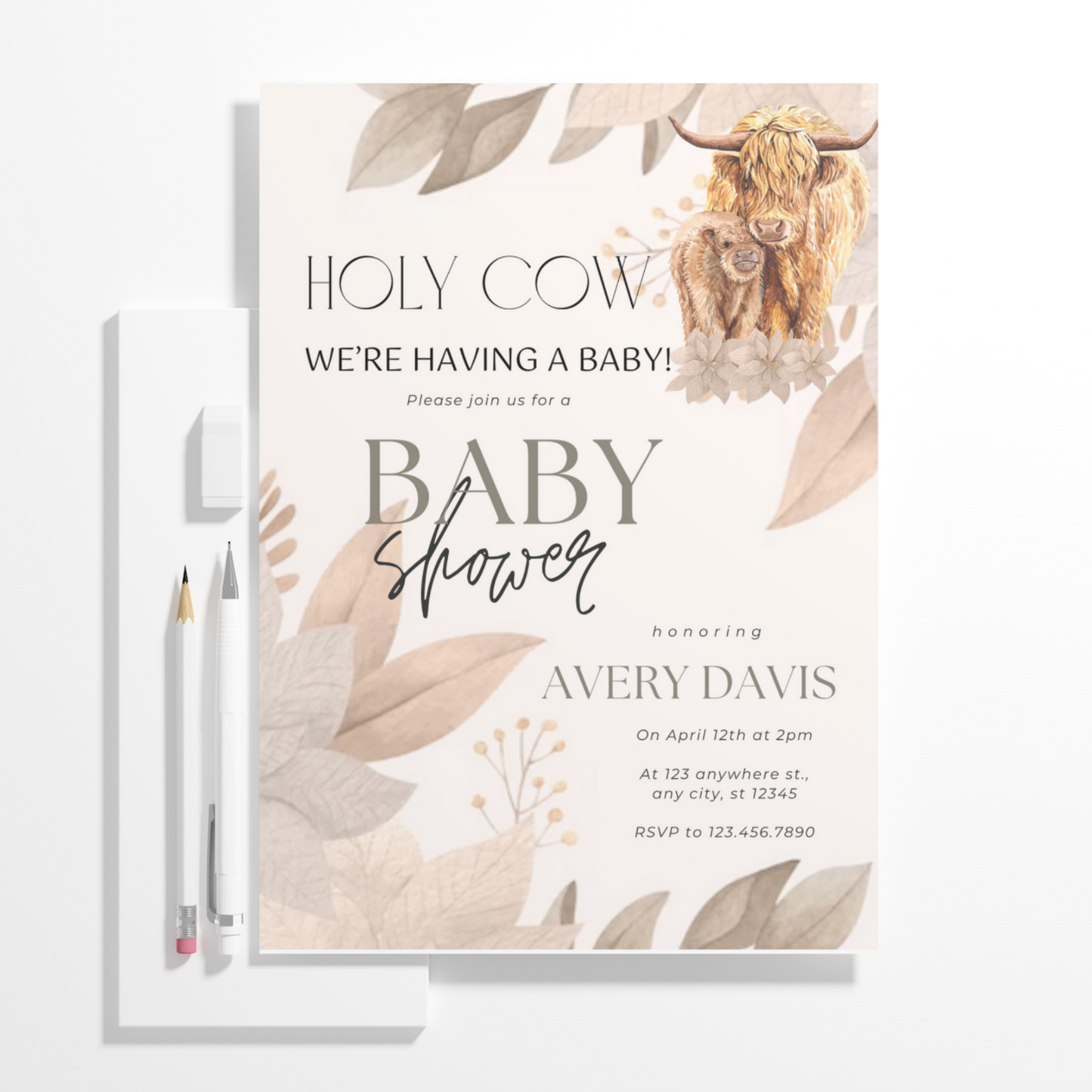 Boho Highland Cow Baby Shower Invitation Template