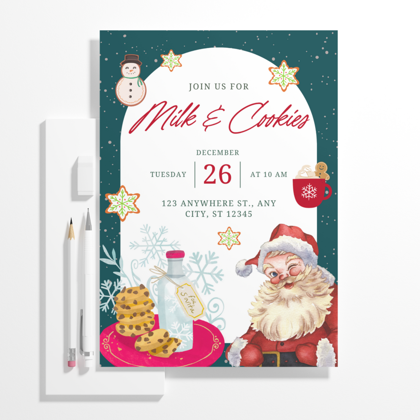 Milk and Cookies with Santa Invitation Template | Santa Claus Christmas Invite