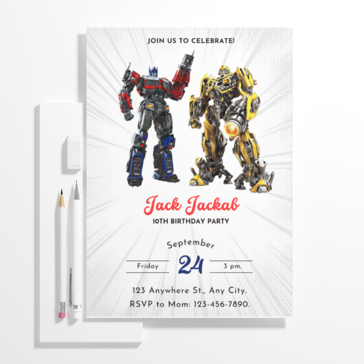 Transformers Optimus Prime Bumblebee Birthday Invitation Template