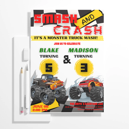 Smash and Crash Birthday Invitation Template | Monster Truck Invite - CreativeRino
