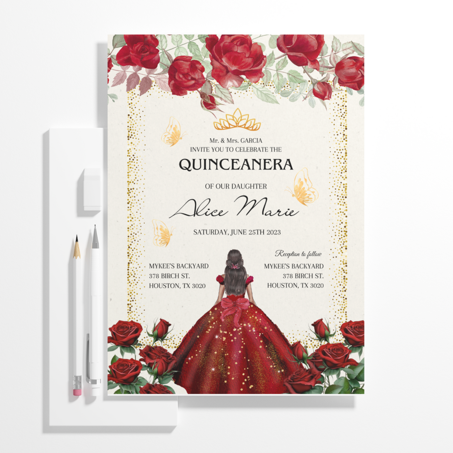 Red Floral Gold Butterflies Princess Quinceañera Invitation Template