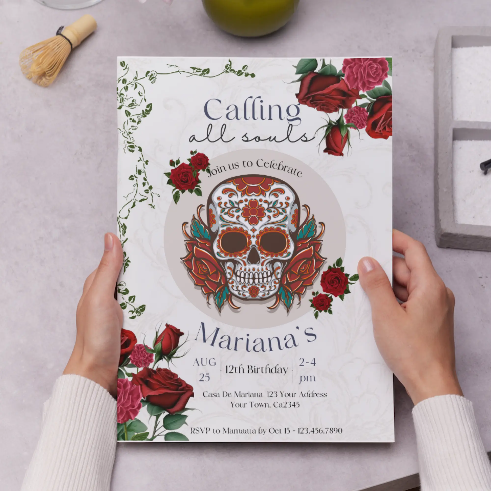 Day of the Dead Birthday Invitation Template | Calling all Souls Sugar Skull Invite - CreativeRino