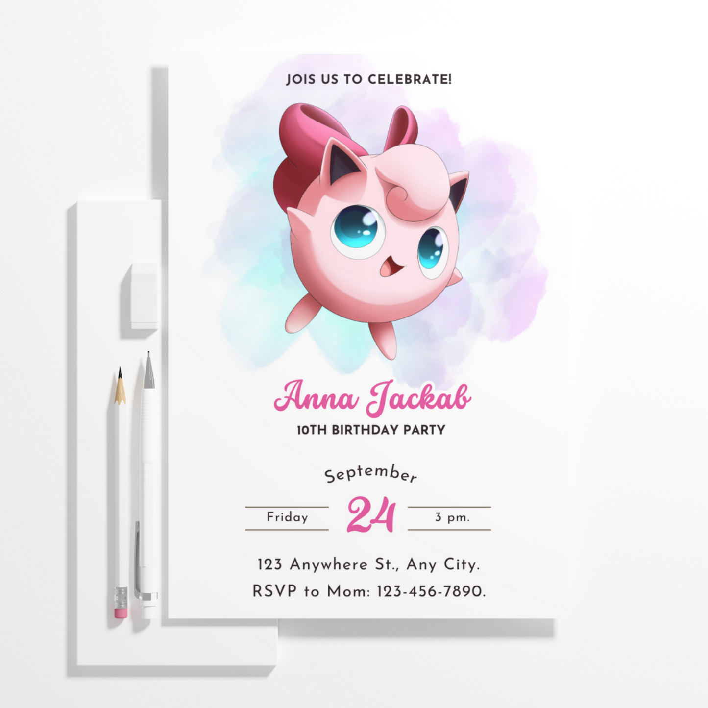 Jigglypuff Pokemon Birthday Invitation Template