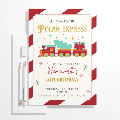 Christmas Polar Express Train Birthday Invitation Template - CreativeRino