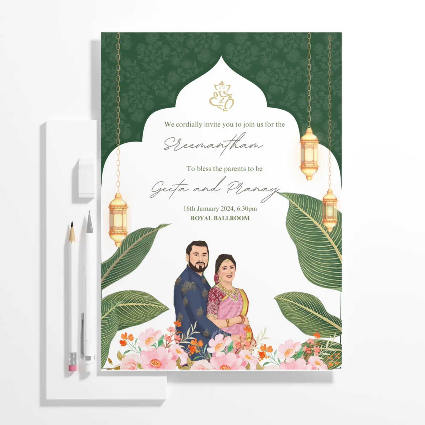 Indian Baby Shower Invitation Template | Seemantham Valaikappu Godh Bharai Ceremony Invite - CreativeRino