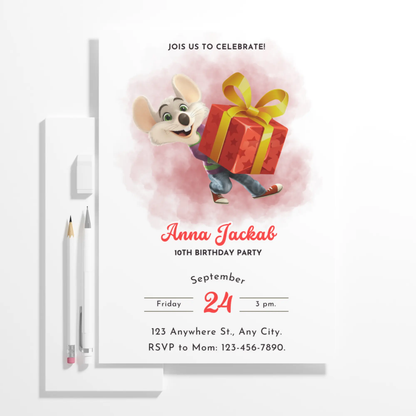 Chuck E Cheese Mouse Birthday Invitation Template - CreativeRino