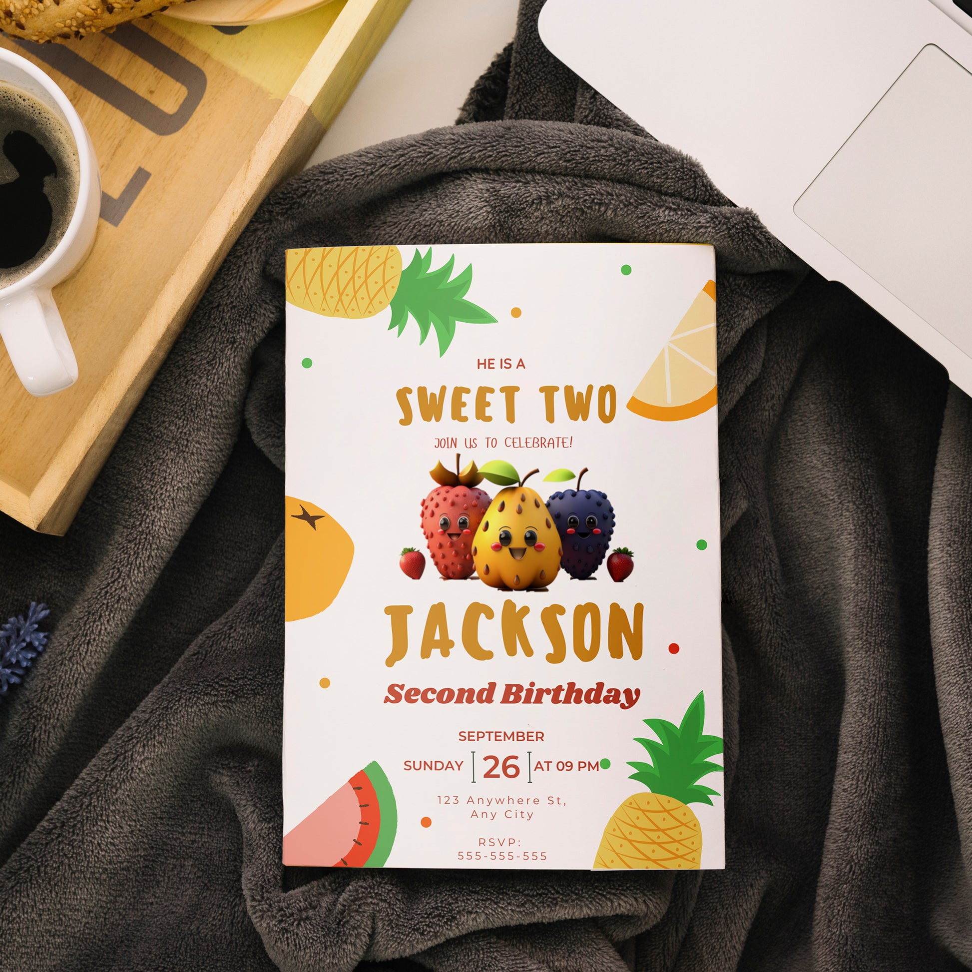 Hey Bear Dancing Fruit Birthday Invitation Template - CreativeRino