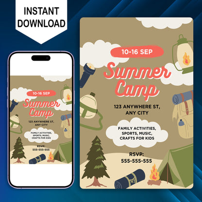 Summer Camp Bachelorette Invitation | Camping Invite Canva Template CreativeRino