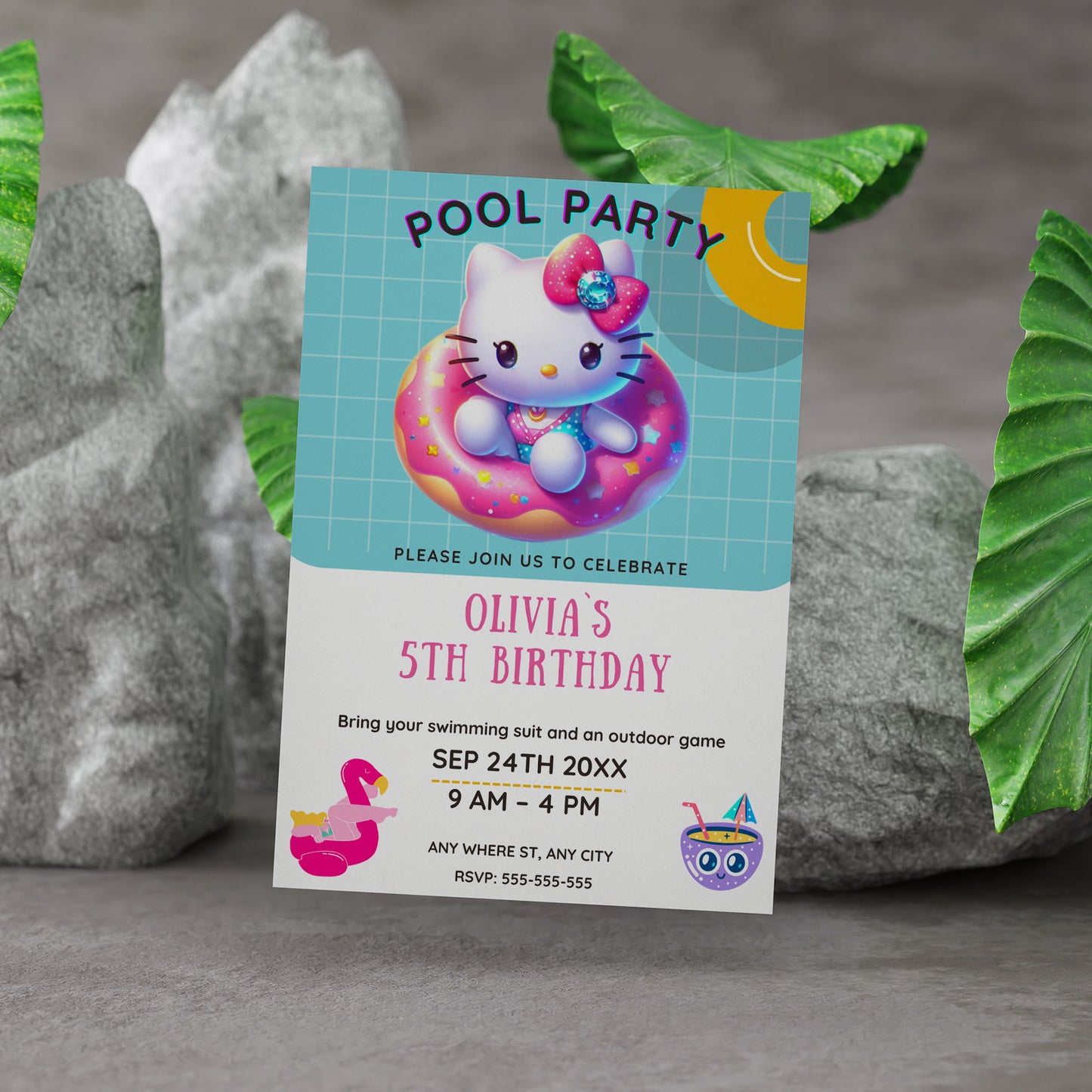 Kawaii Kitty Pool Birthday Party Invitation Template