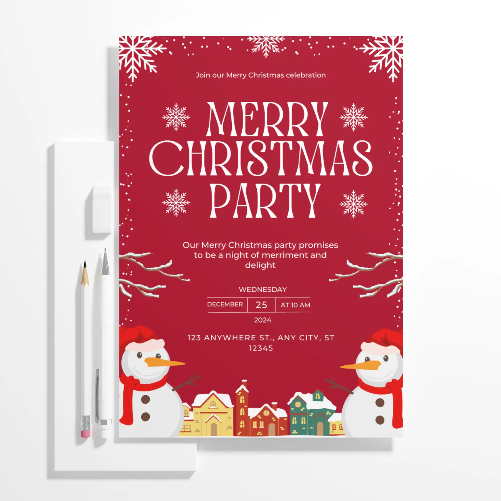 Christmas Party Invitation Template | Snowman Merry Christmas Invite - CreativeRino
