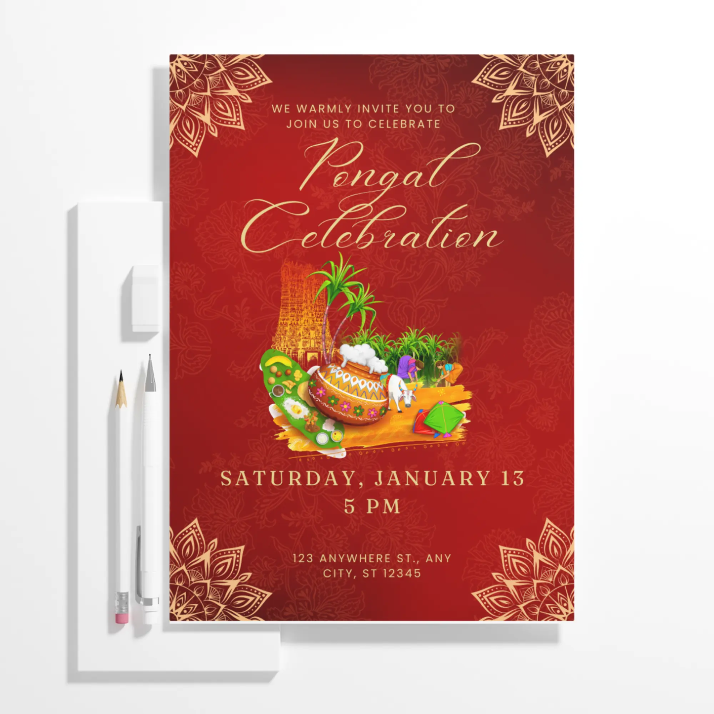Pongal Invitation Template | Pongal Celebration Invite - CreativeRino