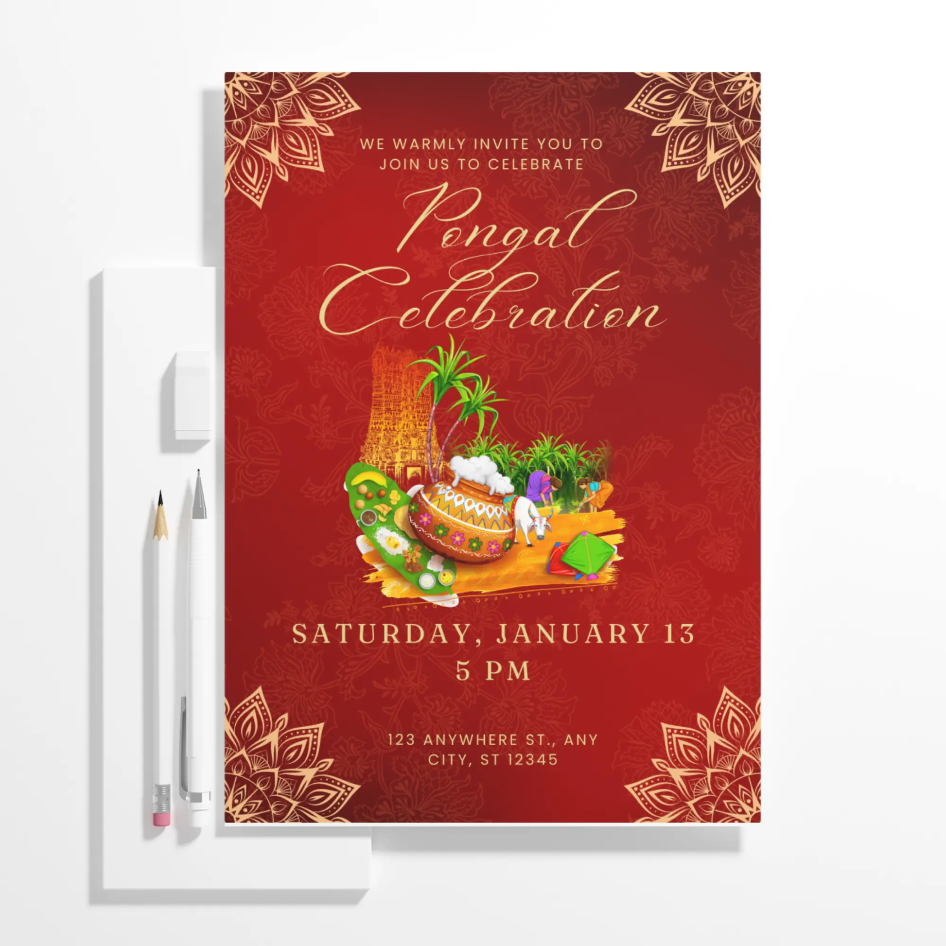 Pongal Invitation Template | Pongal Celebration Invite - CreativeRino