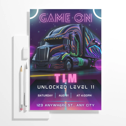 Game Truck Gaming Birthday Invitation Template - CreativeRino