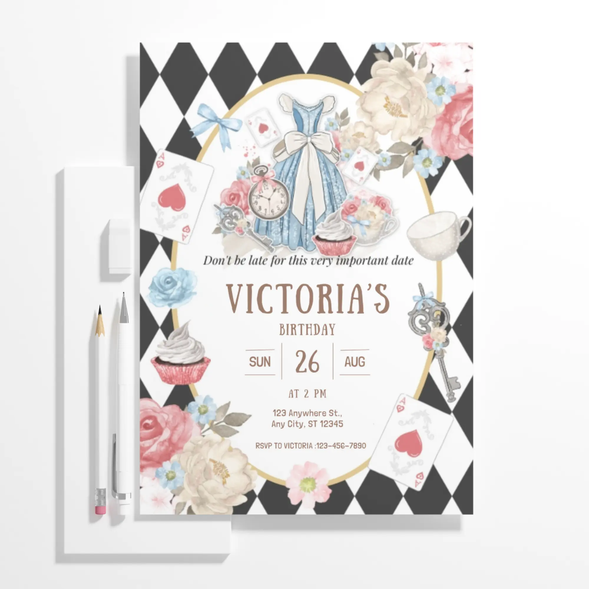 Alice in Wonderland Birthday Invitation Template | Alice in Onederland Invite - CreativeRino