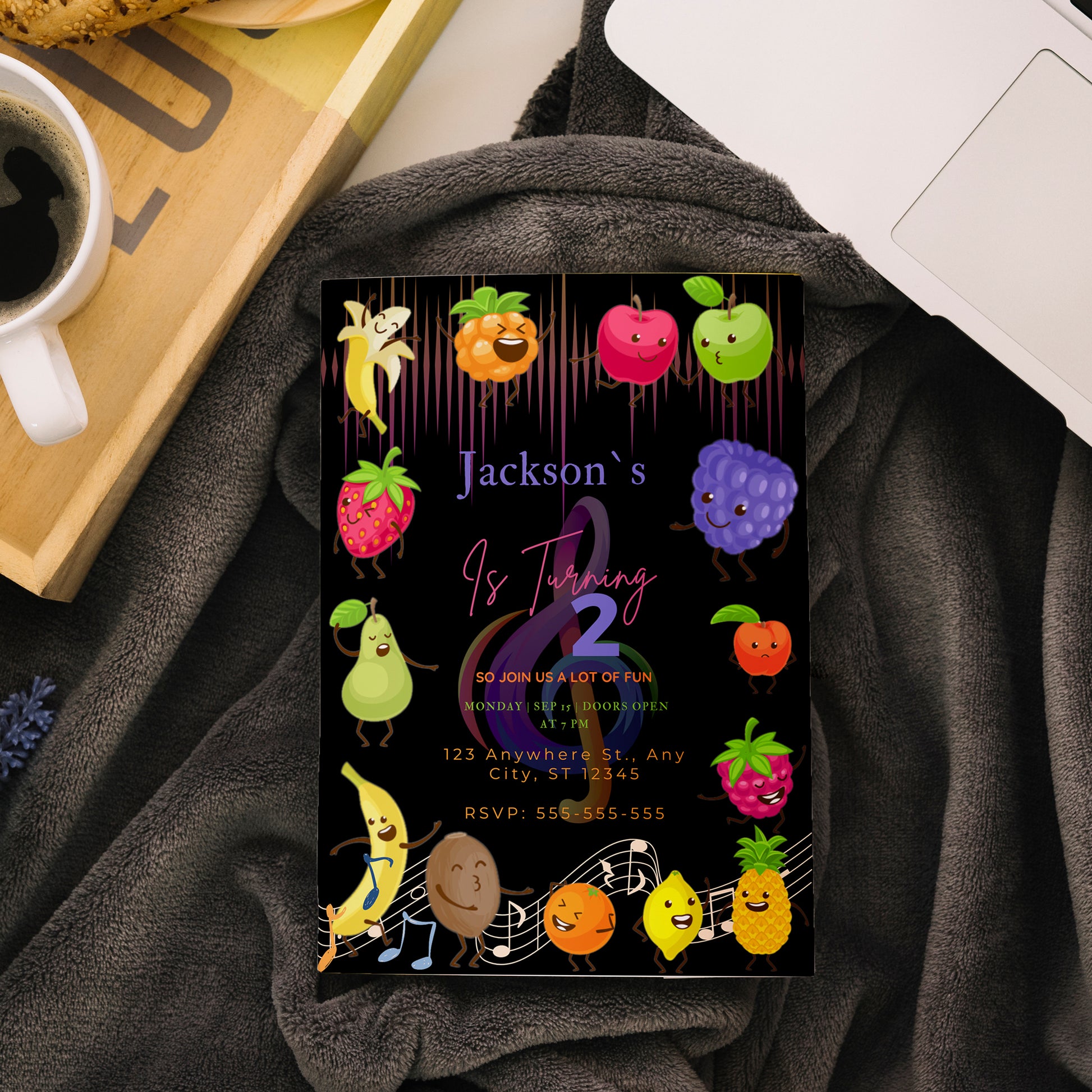Hey Bear Dancing Fruit Birthday Invitation Template - CreativeRino