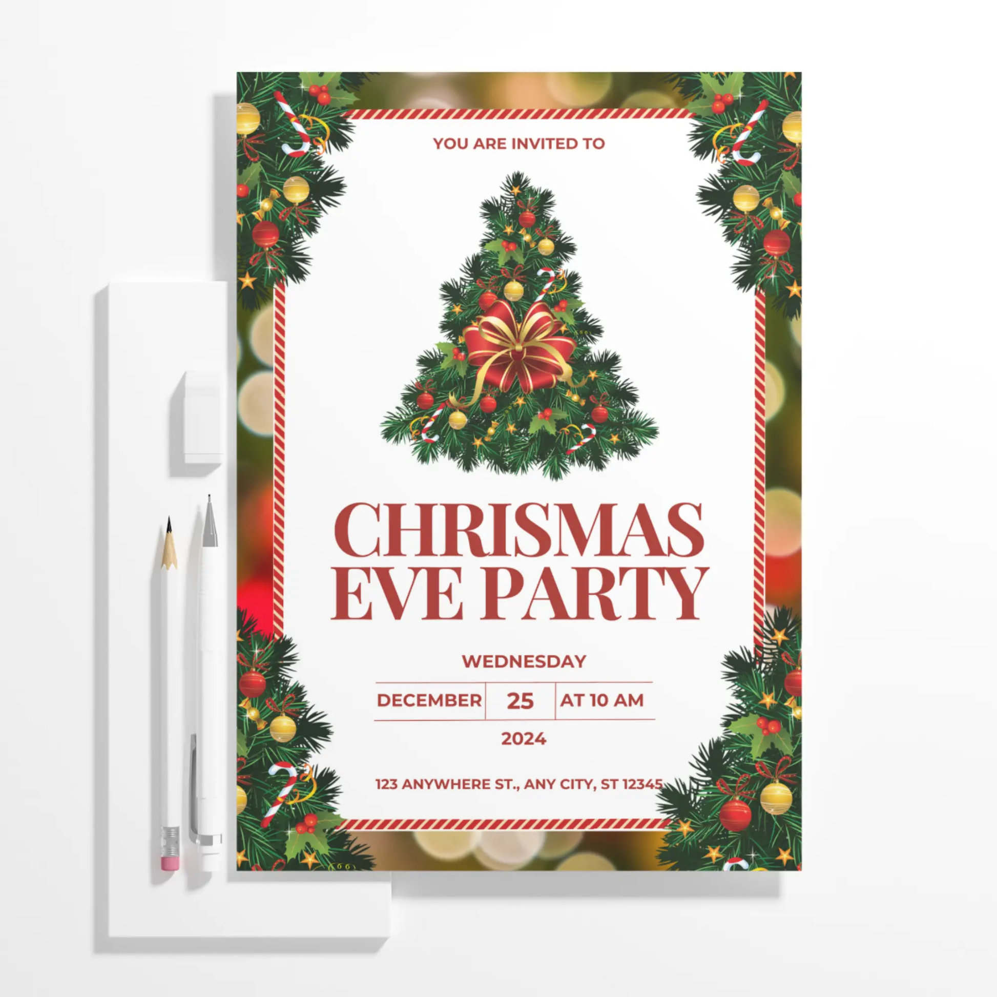 Christmas Eve Party Invitation Template | Christmas Tree Lights Invite - CreativeRino