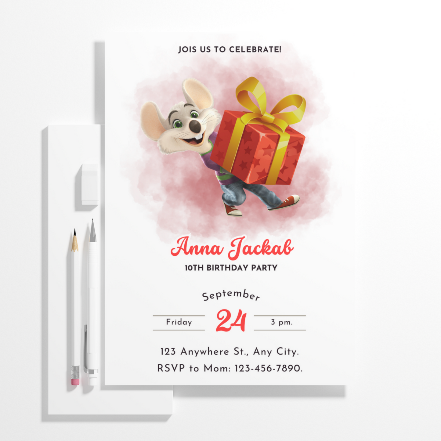 Chuck E Cheese Mouse Birthday Invitation Template