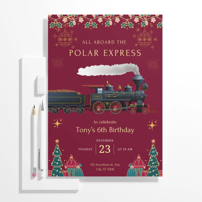 Christmas Polar Express Train Birthday Invitation Template - CreativeRino