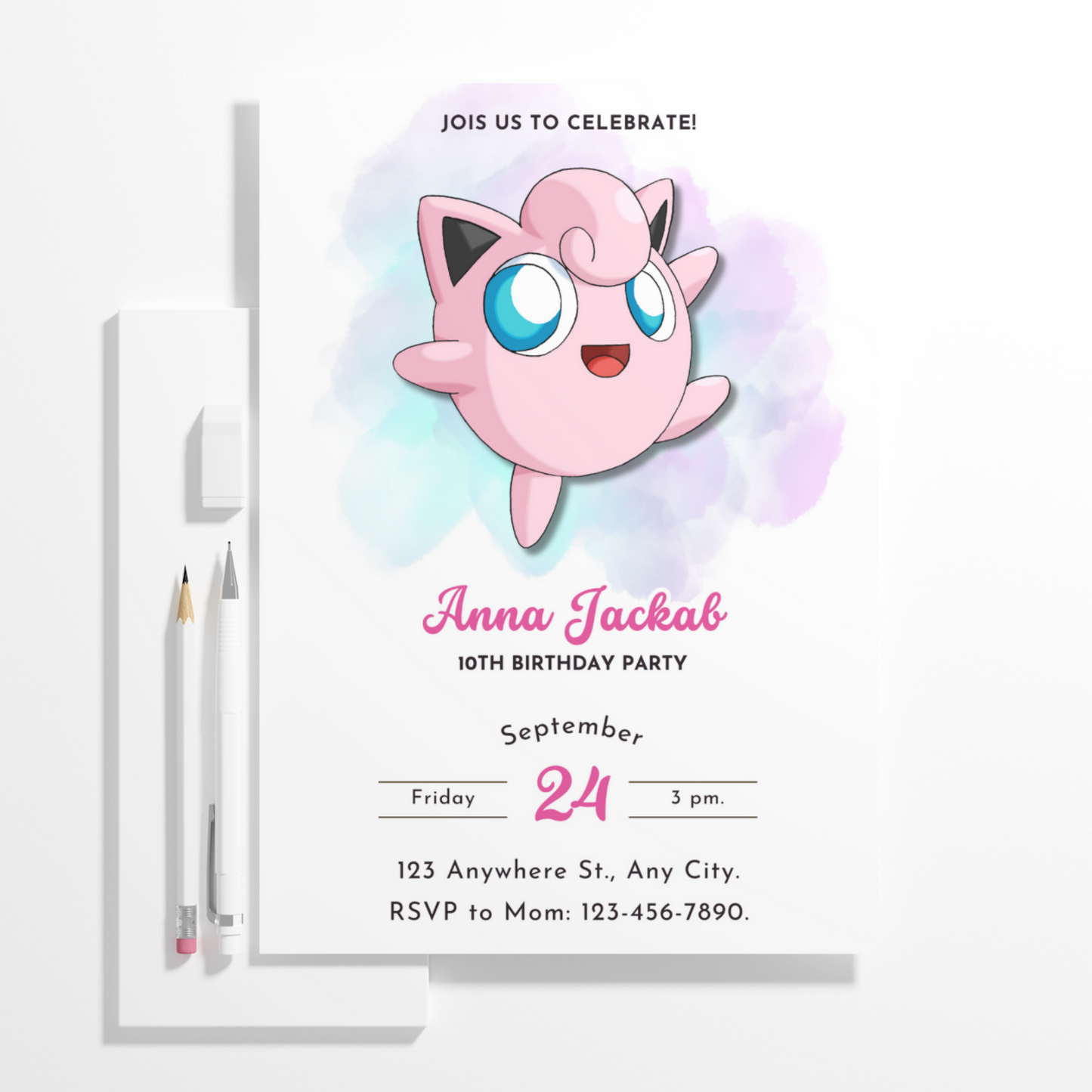 Jigglypuff Pokemon Birthday Invitation Template