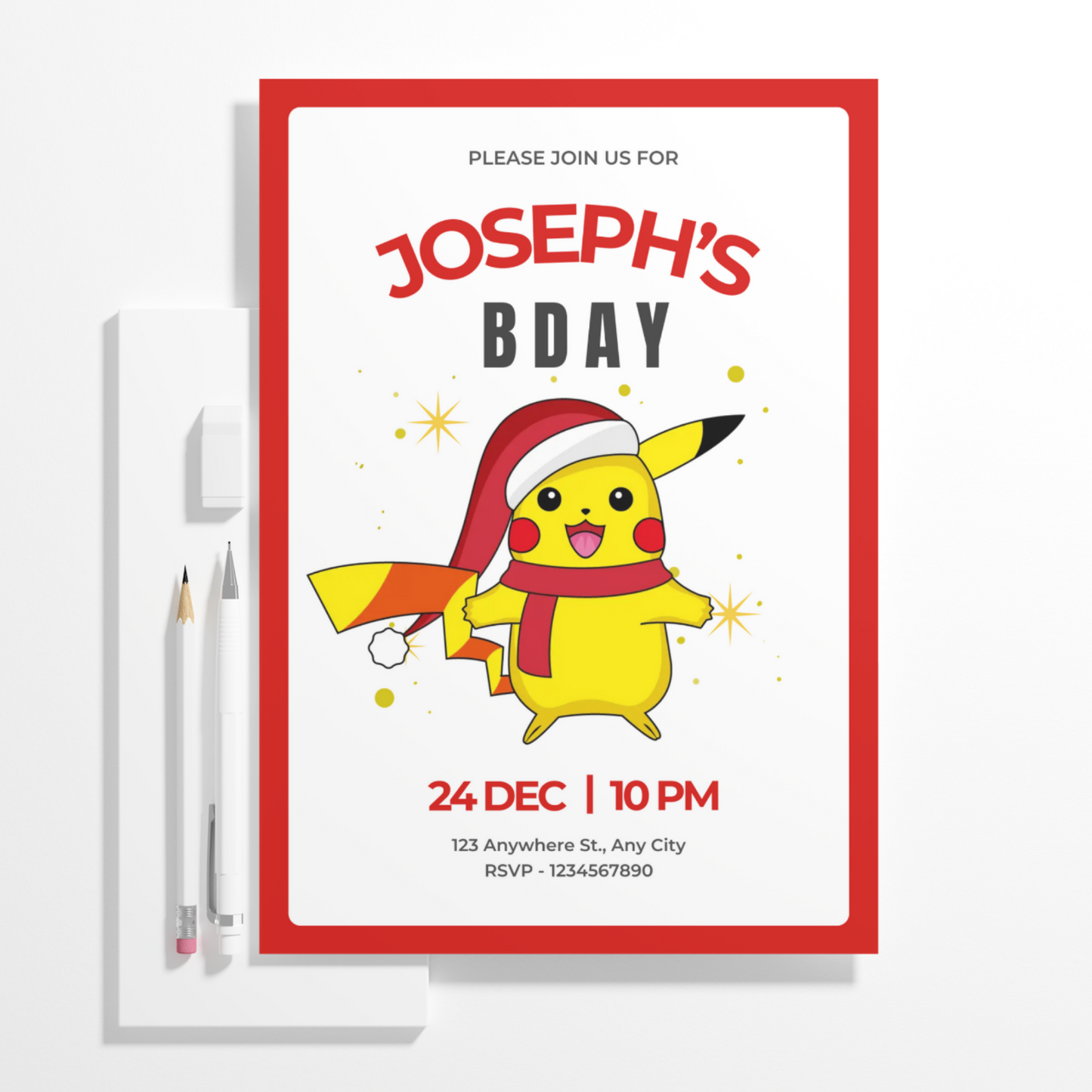 Pikachu Pokemon Christmas Birthday Invitation Template