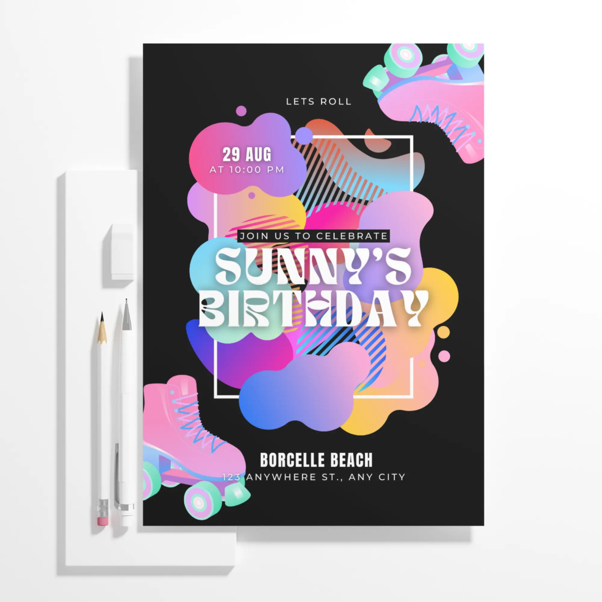Roller Skates Skating Birthday Invitation Template - CreativeRino