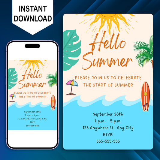 Hello Summer Party Invitation | Hello Summer Theme Invite Canva Template