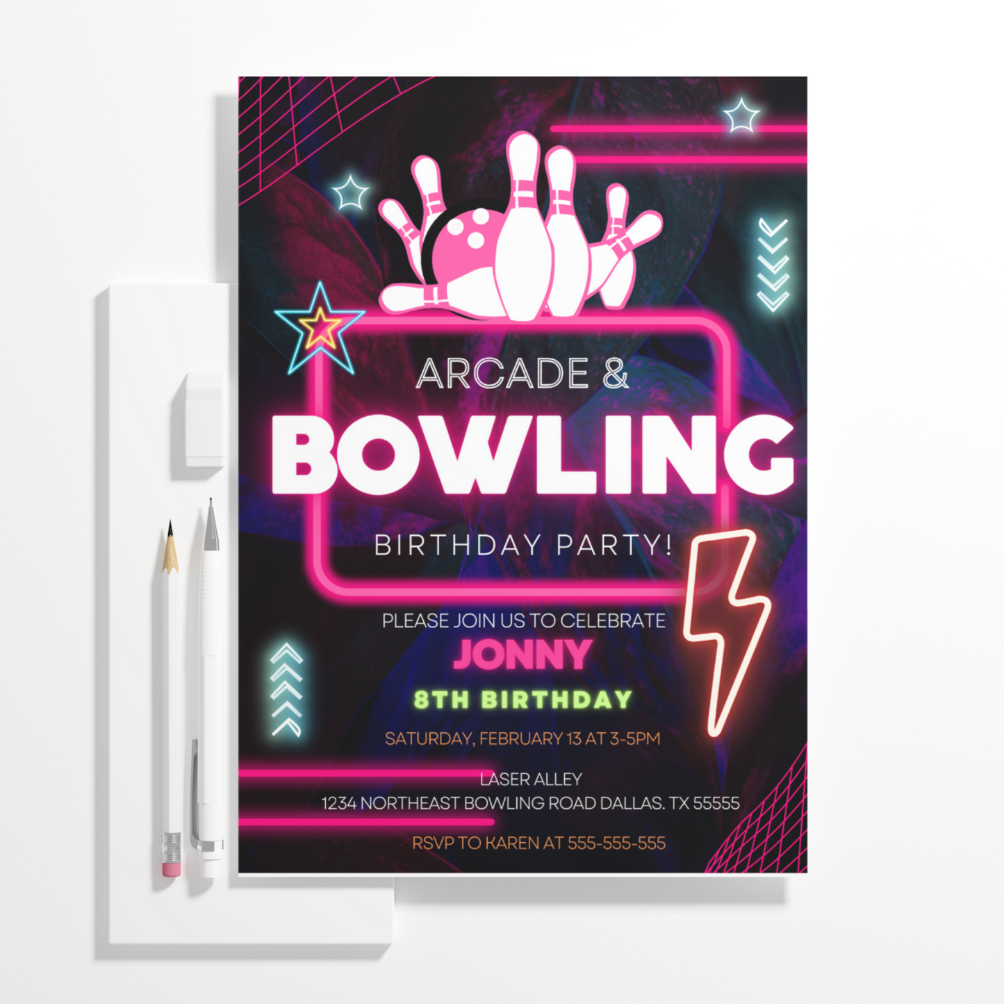 Arcade and Bowling Birthday Invitation Template