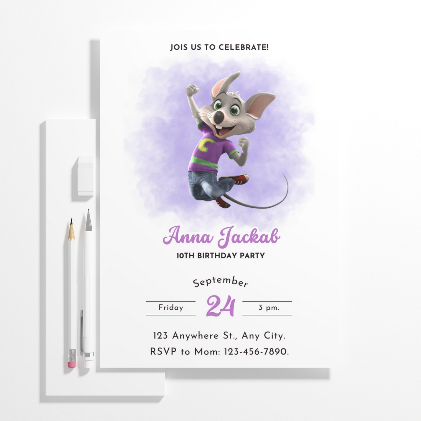 Chuck E Cheese Mouse Birthday Invitation Template