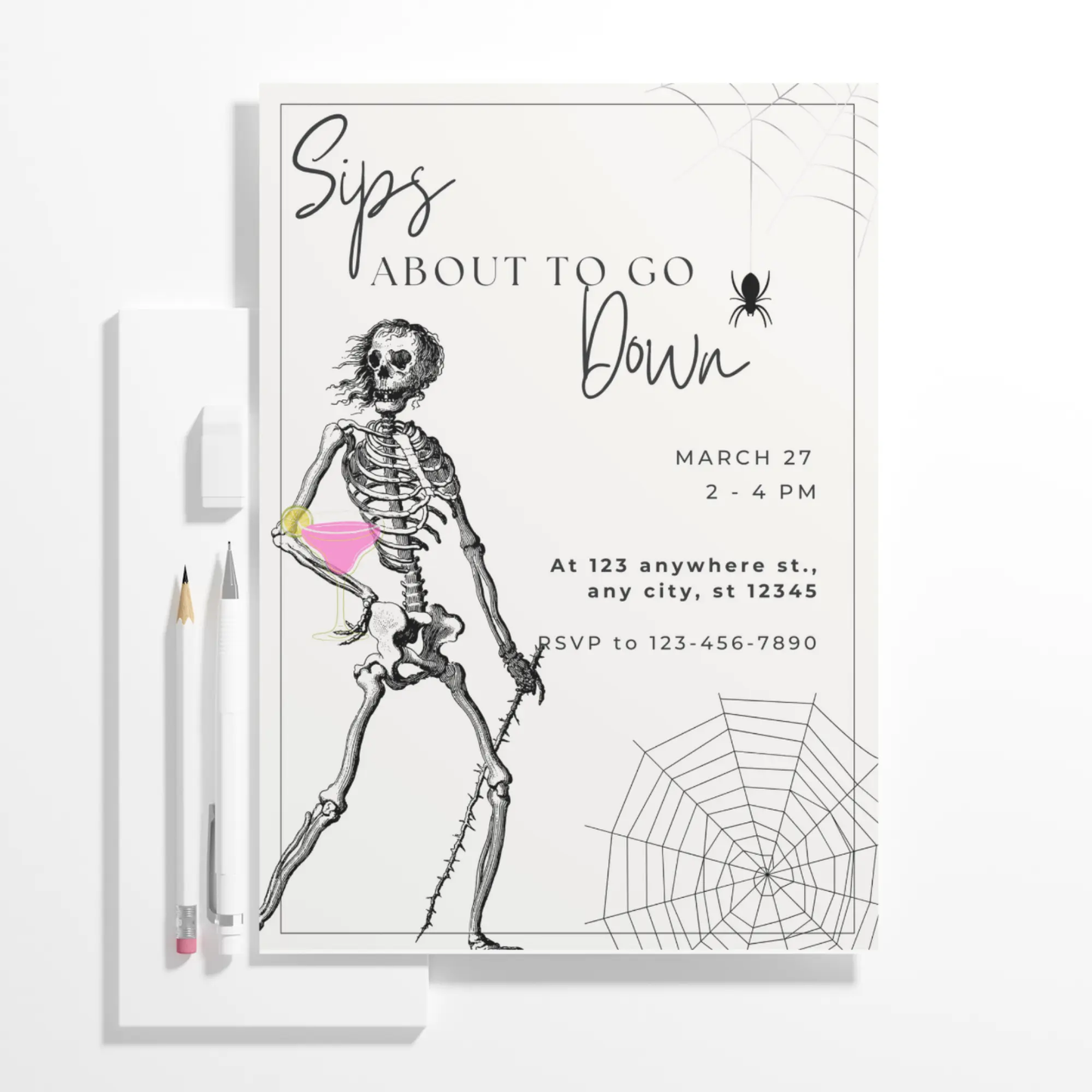 Sips About to Go Down Skeleton Halloween Invitation Template - CreativeRino
