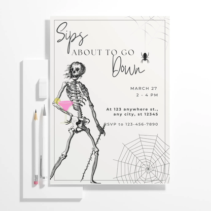 Sips About to Go Down Skeleton Halloween Invitation Template - CreativeRino