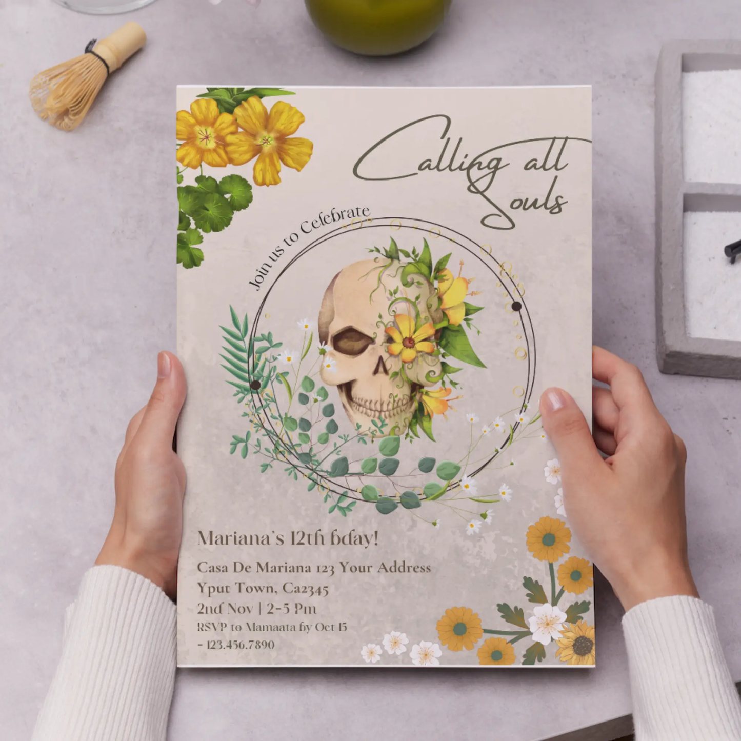 Day of the Dead Birthday Invitation Template | Calling all Souls Sugar Skull Invite - CreativeRino