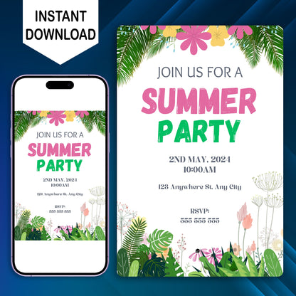 Summer Party Invitation Canva Template | Summer Party Theme Invite CreativeRino