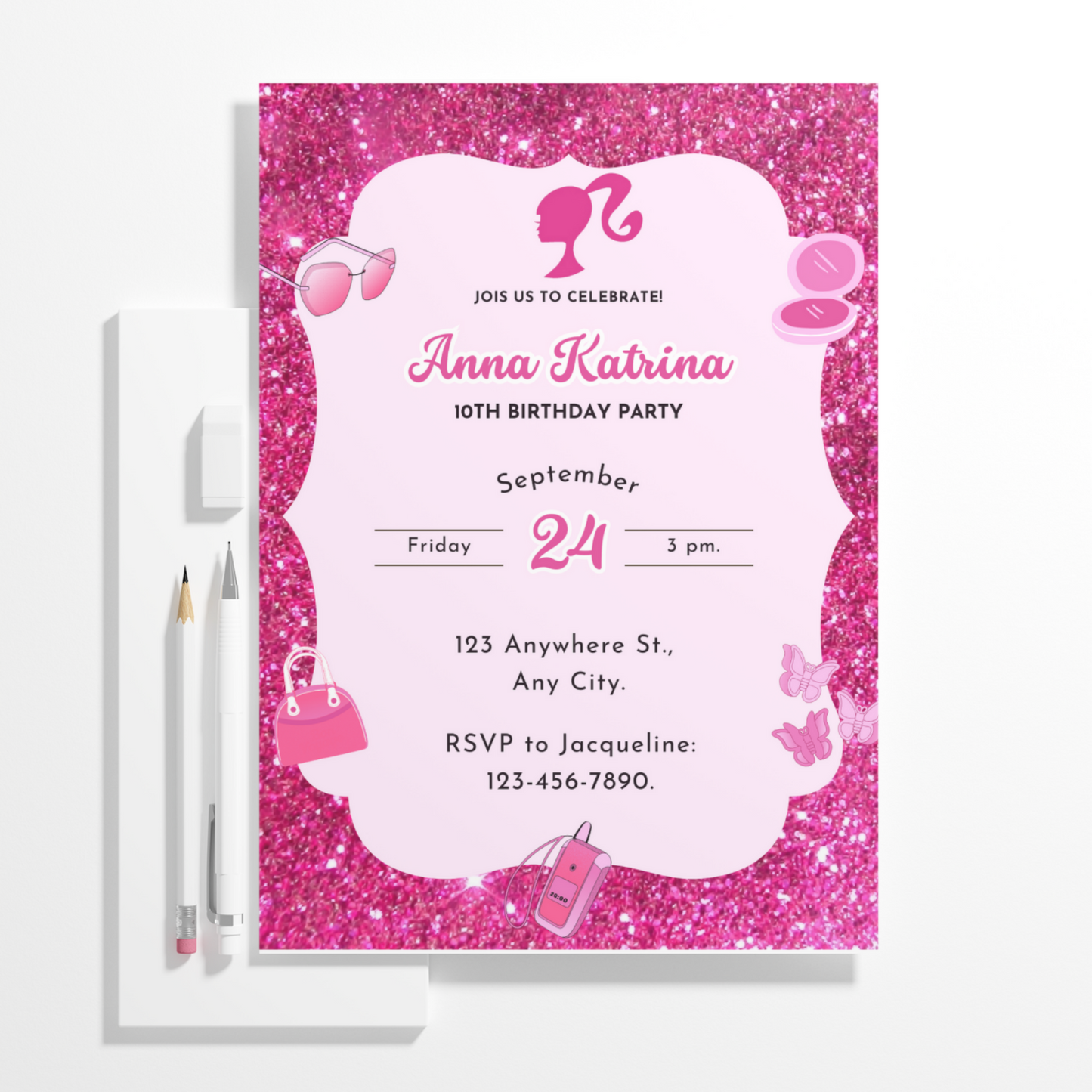 Pink Doll Birthday Invitation Template