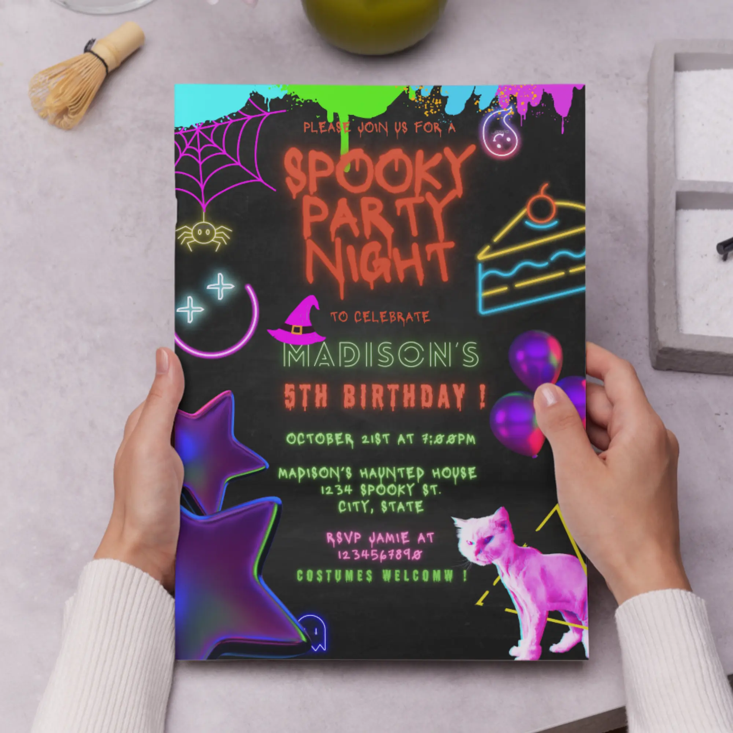 Neon Spooky Halloween Birthday Party Invitation Template - CreativeRino