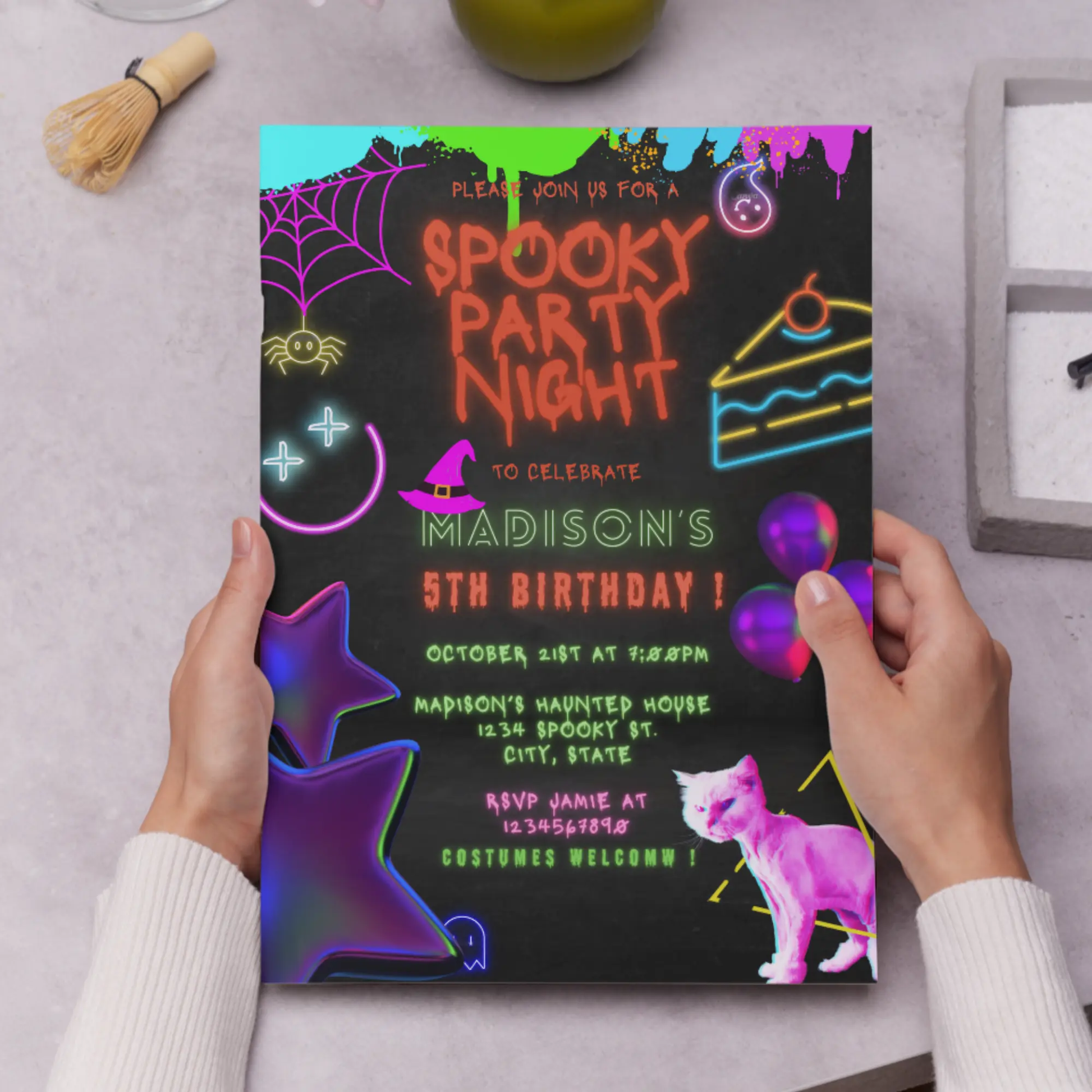 Neon Spooky Halloween Birthday Party Invitation Template - CreativeRino